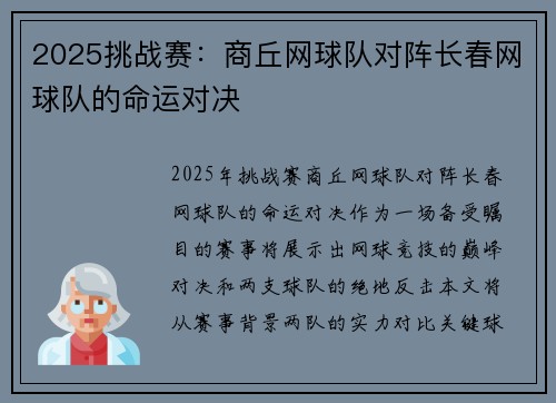 2025挑战赛：商丘网球队对阵长春网球队的命运对决